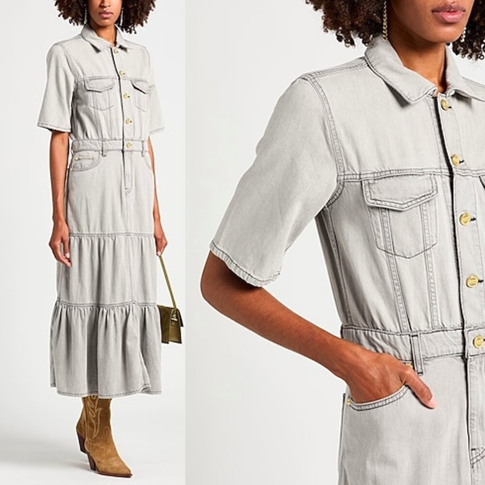 GANNI Tiered Denim Maxi Dress Gray Size 40 (EU 40 / US 8) NWT - Picture 2 of 12
